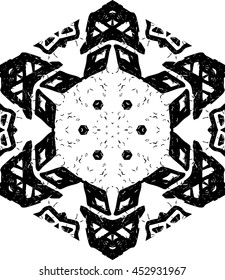 Hexagon mandala pattern. Tribal freehand medallion print. Ethnic hexagon mandala print for t-shirt. Free hand drawing vector motif. Black and whithe grunge ornament