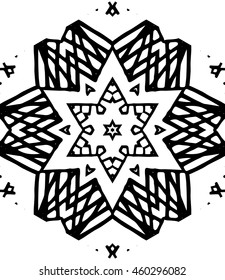 Hexagon mandala pattern. Tribal freehand medallion print. Ethnic hexagon mandala print for t-shirt. Free hand drawing vector motif. Black and whithe grunge ornament