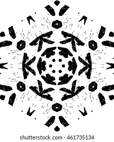 Hexagon mandala pattern. Tribal freehand medallion print. Ethnic hexagon mandala print for t-shirt. Free hand drawing vector motif. Black and whithe grunge ornament