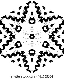 Hexagon mandala pattern. Tribal freehand medallion print. Ethnic hexagon mandala print for t-shirt. Free hand drawing vector motif. Black and whithe grunge ornament