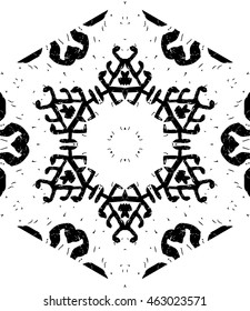 Hexagon mandala pattern. Tribal freehand medallion print. Ethnic hexagon mandala print for t-shirt. Free hand drawing vector motif. Black and whithe grunge ornament