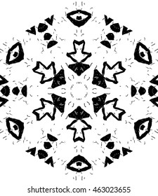 Hexagon mandala pattern. Tribal freehand medallion print. Ethnic hexagon mandala print for t-shirt. Free hand drawing vector motif. Black and whithe grunge ornament