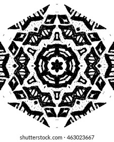 Hexagon mandala pattern. Tribal freehand medallion print. Ethnic hexagon mandala print for t-shirt. Free hand drawing vector motif. Black and whithe grunge ornament