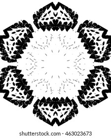 Hexagon mandala pattern. Tribal freehand medallion print. Ethnic hexagon mandala print for t-shirt. Free hand drawing vector motif. Black and whithe grunge ornament