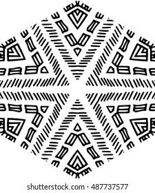 Hexagon mandala pattern. Tribal freehand medallion print. Ethnic hexagon mandala print for t-shirt. Free hand drawing vector motif. Black and whithe grunge ornament