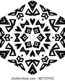 Hexagon mandala pattern. Tribal freehand medallion print. Ethnic hexagon mandala print for t-shirt. Free hand drawing vector motif. Black and whithe grunge ornament