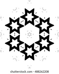 Hexagon mandala pattern. Tribal freehand medallion print. Ethnic hexagon mandala print for t-shirt. Free hand drawing vector motif. Black and whithe grunge ornament