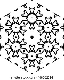 Hexagon mandala pattern. Tribal freehand medallion print. Ethnic hexagon mandala print for t-shirt. Free hand drawing vector motif. Black and whithe grunge ornament