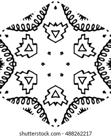 Hexagon mandala pattern. Tribal freehand medallion print. Ethnic hexagon mandala print for t-shirt. Free hand drawing vector motif. Black and whithe grunge ornament