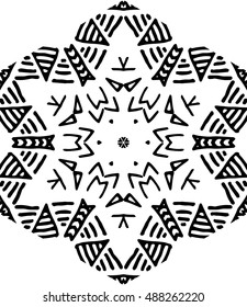 Hexagon mandala pattern. Tribal freehand medallion print. Ethnic hexagon mandala print for t-shirt. Free hand drawing vector motif. Black and whithe grunge ornament