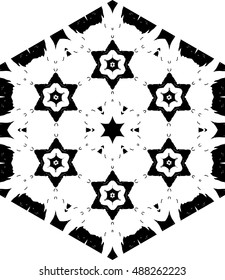 Hexagon mandala pattern. Tribal freehand medallion print. Ethnic hexagon mandala print for t-shirt. Free hand drawing vector motif. Black and whithe grunge ornament