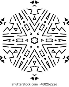 Hexagon mandala pattern. Tribal freehand medallion print. Ethnic hexagon mandala print for t-shirt. Free hand drawing vector motif. Black and whithe grunge ornament