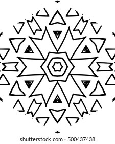 Hexagon mandala pattern. Tribal freehand medallion print. Ethnic hexagon mandala print for t-shirt. Free hand drawing vector motif. Black and whithe grunge ornament