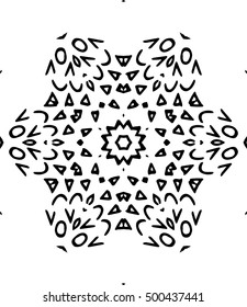 Hexagon mandala pattern. Tribal freehand medallion print. Ethnic hexagon mandala print for t-shirt. Free hand drawing vector motif. Black and whithe grunge ornament