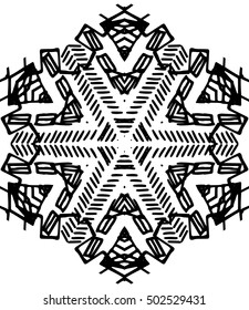 Hexagon mandala pattern. Tribal freehand medallion print. Ethnic hexagon mandala print for t-shirt. Free hand drawing vector motif. Black and whithe grunge ornament
