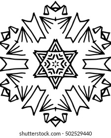 Hexagon mandala pattern. Tribal freehand medallion print. Ethnic hexagon mandala print for t-shirt. Free hand drawing vector motif. Black and whithe grunge ornament