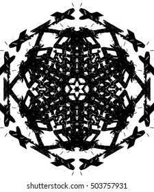Hexagon mandala pattern. Tribal freehand medallion print. Ethnic hexagon mandala print for t-shirt. Free hand drawing vector motif. Black and whithe grunge ornament