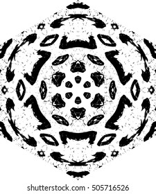 Hexagon mandala pattern. Tribal freehand medallion print. Ethnic hexagon mandala print for t-shirt. Free hand drawing vector motif. Black and whithe grunge ornament