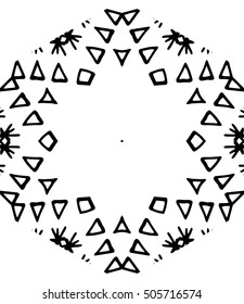 Hexagon mandala pattern. Tribal freehand medallion print. Ethnic hexagon mandala print for t-shirt. Free hand drawing vector motif. Black and whithe grunge ornament