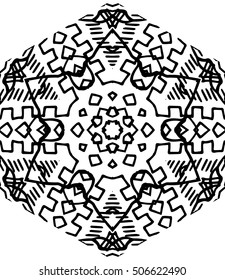 Hexagon mandala pattern. Tribal freehand medallion print. Ethnic hexagon mandala print for t-shirt. Free hand drawing vector motif. Black and whithe grunge ornament
