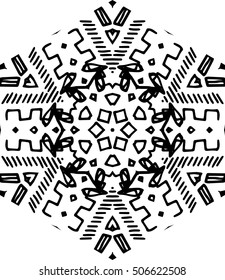 Hexagon mandala pattern. Tribal freehand medallion print. Ethnic hexagon mandala print for t-shirt. Free hand drawing vector motif. Black and whithe grunge ornament