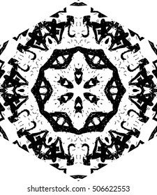 Hexagon mandala pattern. Tribal freehand medallion print. Ethnic hexagon mandala print for t-shirt. Free hand drawing vector motif. Black and whithe grunge ornament