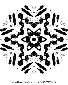 Hexagon mandala pattern. Tribal freehand medallion print. Ethnic hexagon mandala print for t-shirt. Free hand drawing vector motif. Black and whithe grunge ornament