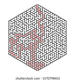 Hexagon maze with solution. Vector illustration.