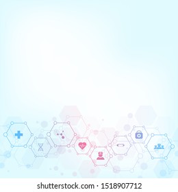 Hexagon medical background with flat icons and symbols. Template design with concept and idea for healthcare technology, innovation medicine, health, science and research. Vector illustration