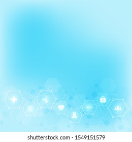 Hexagon medical background with flat icons and symbols. Template design with concept and idea for healthcare technology, innovation medicine, health, science and research. Vector illustration