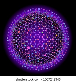 Hexagon mesh design modern background vector. Hexagon texture. Wireframe cell sphere. Molecular nanostructure. Material design with glow.