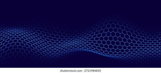 Hexagon Mesh Grid Waves on Dark Background. Tech Science or AI Innovation Banner Backdrop. Nanotech Abstract Digital Shield Surface or Landscape. Vector Illustration. 