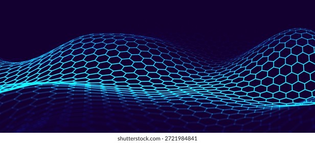 Hexagon Mesh Grid Waves on Dark Background. Tech Science or AI Innovation Banner Backdrop. Nanotech Abstract Digital Shield Surface or Landscape. Vector Illustration. 