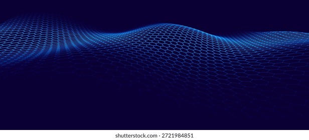 Sechseck-Gitterwellen auf dunklem Hintergrund. Tech Science oder KI Innovation Banner Hintergrund. Nanotech Abstrakte digitale Schild-Oberfläche oder Landschaft. Vektorgrafik. 