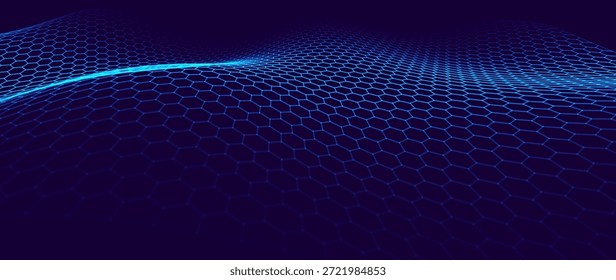 Ondas de rejilla de malla hexagonal sobre fondo oscuro. Ciencia tecnológica o Anuncio de innovación de IA. Superficie o paisaje Abstractas del escudo digital de la nanotecnología. Ilustración vectorial. 