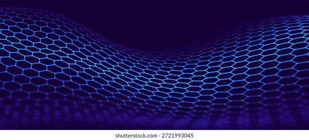 Sechseck-Gitterwellen auf dunklem Hintergrund. Tech Science oder KI Innovation Banner Hintergrund. Nanotech Abstrakte digitale Schild-Oberfläche oder Landschaft. Vektorgrafik. 