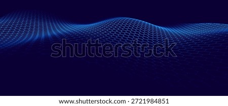Hexagon Mesh Grid Waves on Dark Background. Tech Science or AI Innovation Banner Backdrop. Nanotech Abstract Digital Shield Surface or Landscape. Vector Illustration. 