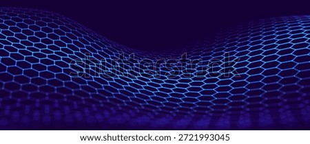 Hexagon Mesh Grid Waves on Dark Background. Tech Science or AI Innovation Banner Backdrop. Nanotech Abstract Digital Shield Surface or Landscape. Vector Illustration. 