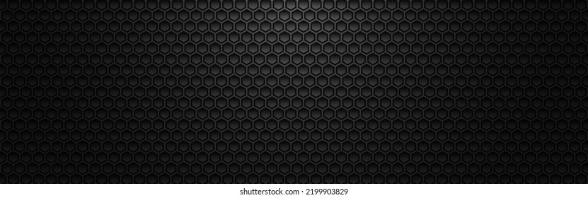 Hexagon metal background. Black 3d grid with light and shadow. Dark futuristic cells. Industrial perforated texture. Modern carbon wallpaper. Vector illustration.