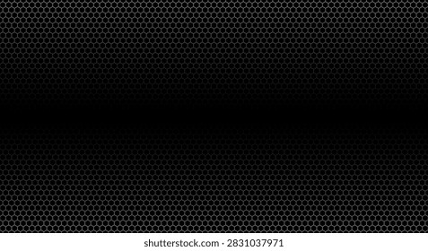 Hexagon metal mesh pattern with honeycomb texture. Dark perforated grid background for industrial design, tech surfaces, and modern speaker grill applications.