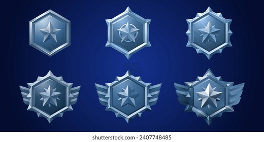 Hexagon metallic badge with star and decorations for game level rank progress ui design. Cartoon vector illustration set of various evolution stages of medieval silver or steel trophy medal or emblem.