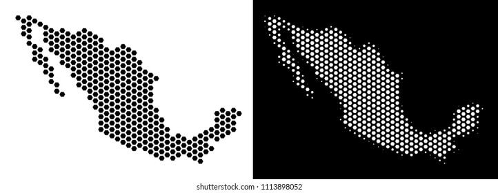 Hexagon Mexico map. Vector territorial plan in black and white variants. Abstract Mexico map composition is composed from hex-tile spots.