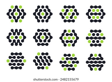 Hexagon molecule icons. Metaball connected figures, abstract liquid spotted graphic shapes flat vector illustration set. Liquid metaball design elements