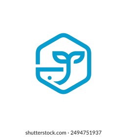 Hexagon Mono Line Whale Logo design vector template
