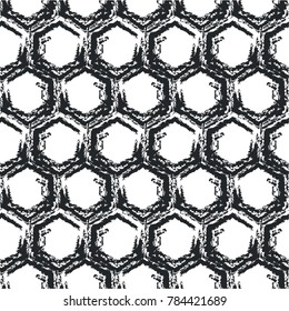 Hexagon in monochrome pattern, mesh, cage, mosaic, grille, seamless vector background.