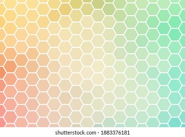 Hexagon mosaic background, abstract orange green honeycomb icy vector design.