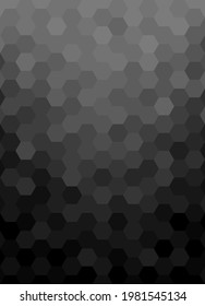 Hexagon mosaic pattern. Abstract background black gradient from dark to bright. Texture design for publications, cover, poster, leaflet, flyer, brochure, banner, wall, website. Vector illustration.