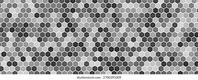 Patrón de mosaico hexagonal con azulejos grises y blancos que crean textura de panal. Diseño geométrico del piso, Elementos de cerámica, tonos de mármol a través de la superficie. Estructura de Vector con gradiente mínimo 