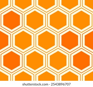 Hexagon mosaic pattern with inner solid cells. Orange color tones. Large hexagons. Seamless design. Tileable vector illustration.