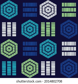 Hexagon. A mosaic of striped geometric figures. Seamless pattern. Design with manual hatching. Textile. Ethnic boho ornament. Vector illustration for web design or print.